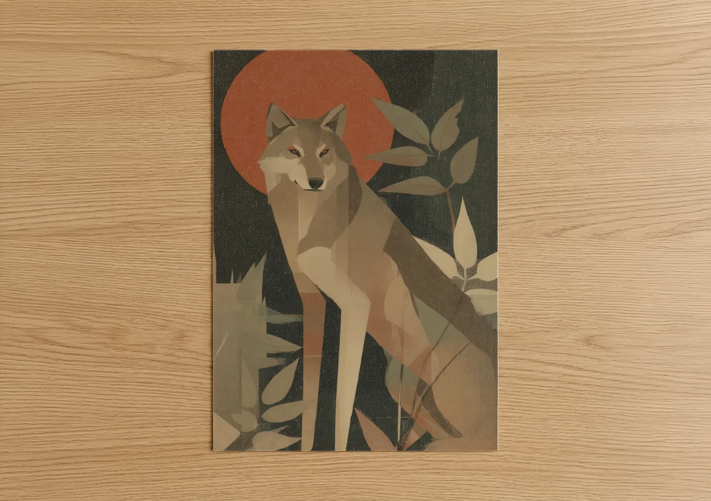 Art print on warm oak wood — russet and sage green palette — Moonlit Wolf poster