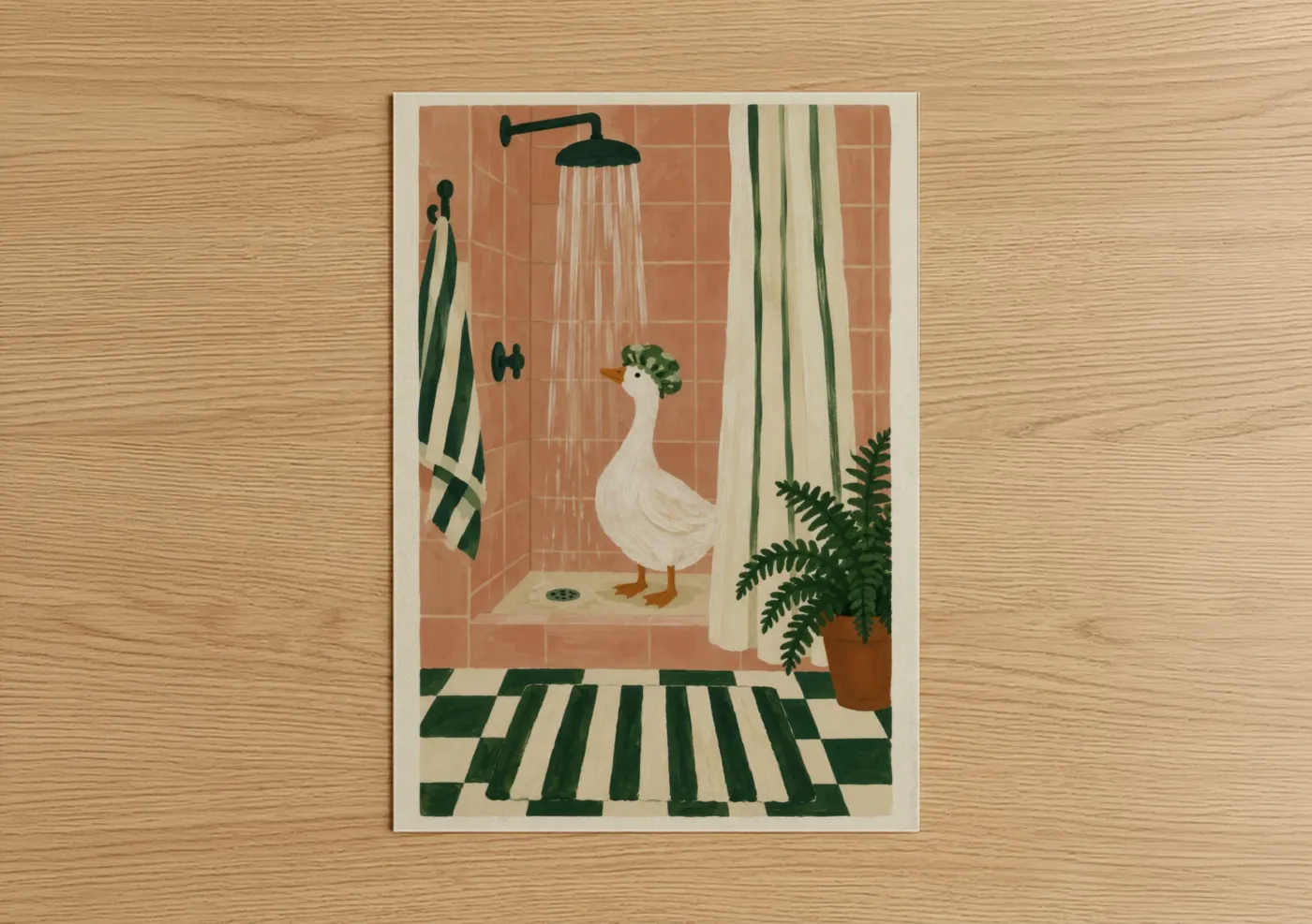 Geese art print on warm oak wood — peach and true green palette — Goose In Shower Bathroom Wall Art poster