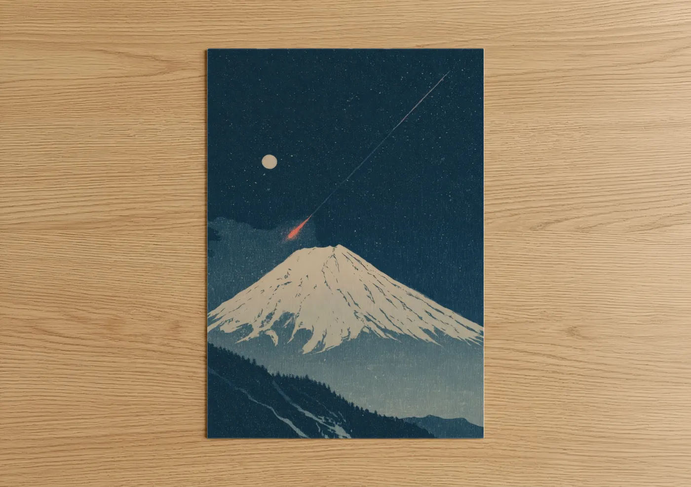 Supernova art print on warm oak wood — dark blue and cream palette — Cosmic Mountain Peak poster