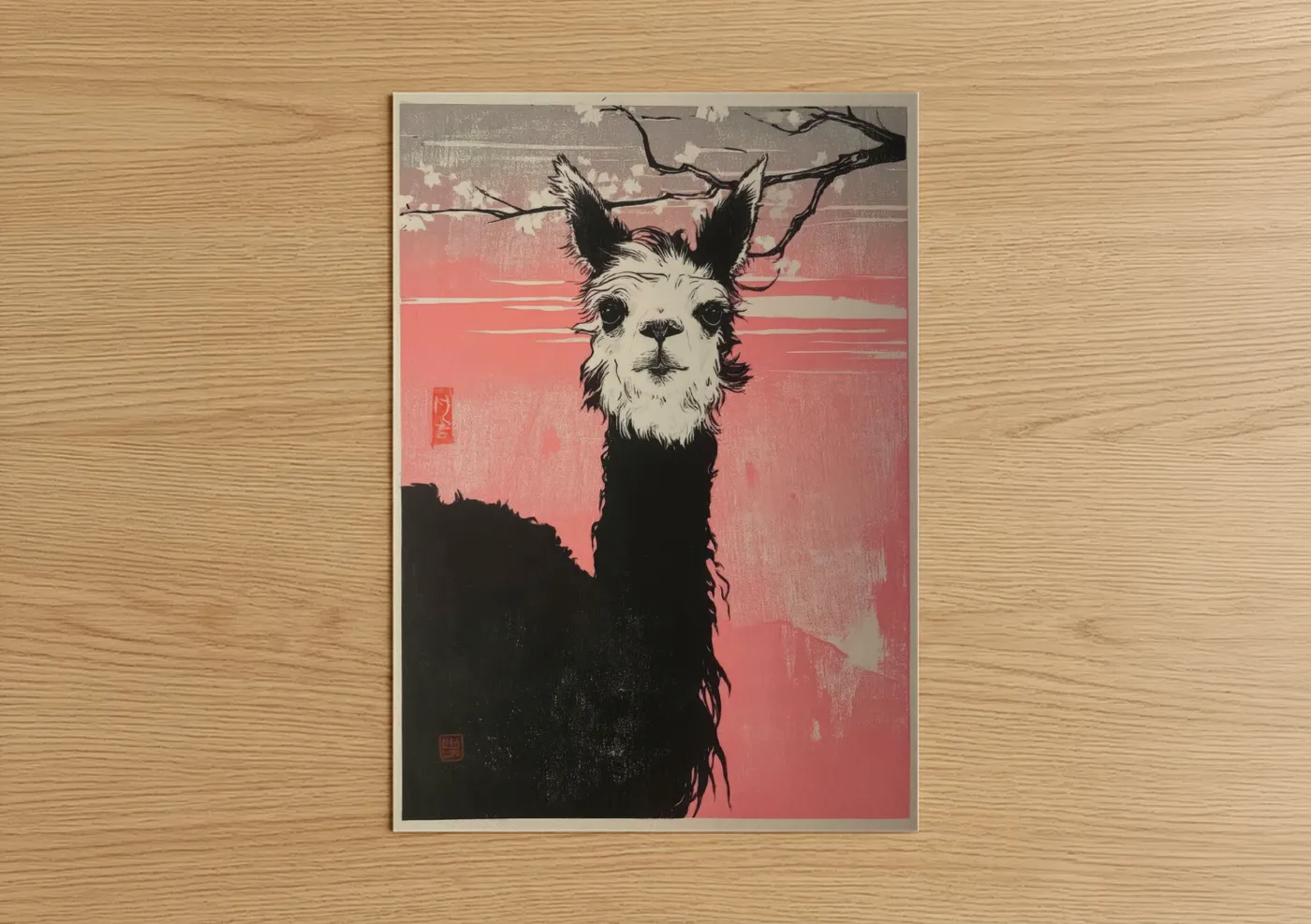 Art print on warm oak wood — salmon pink and black palette — Sunset Alpaca poster