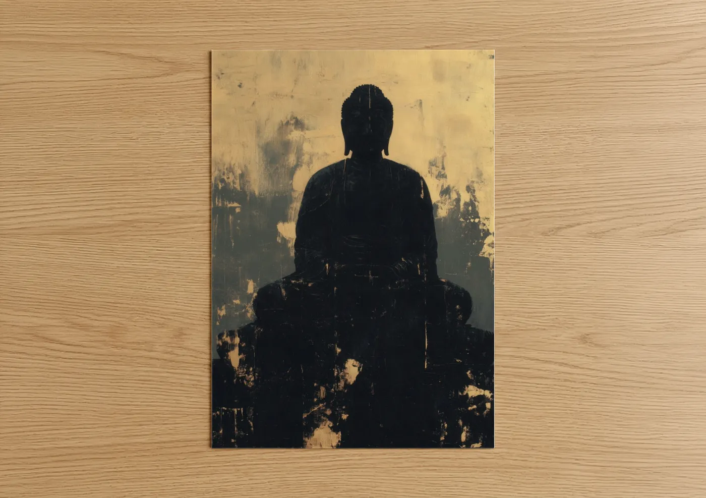 Buddhism art print on warm oak wood — gold and black palette — Meditative Buddha Silhouette poster