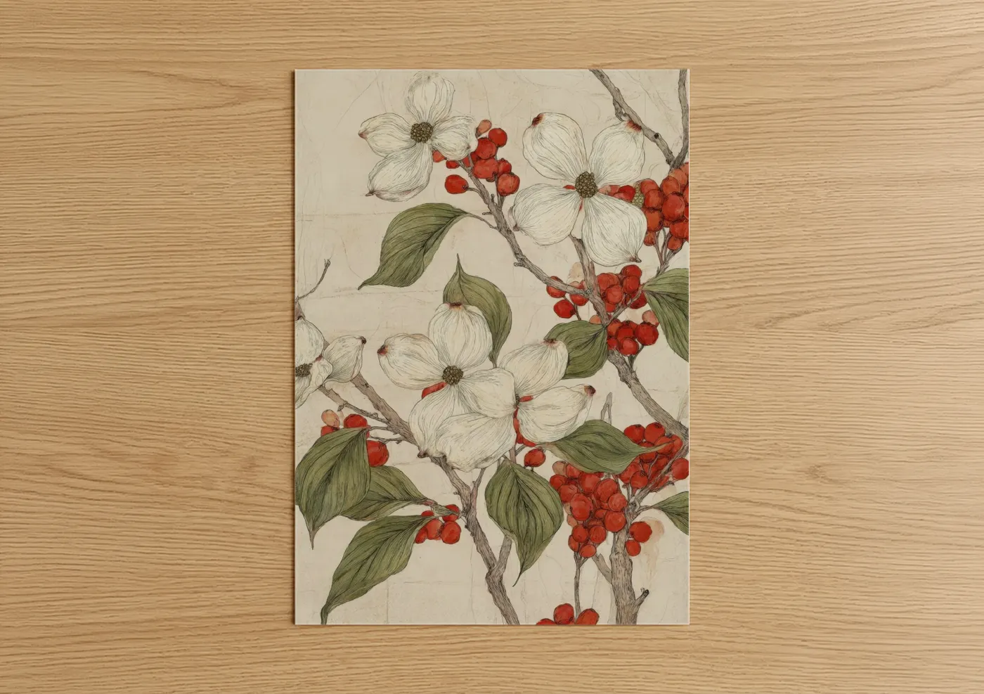 Red Berry Dogwood Botanical Illustration Wall Art