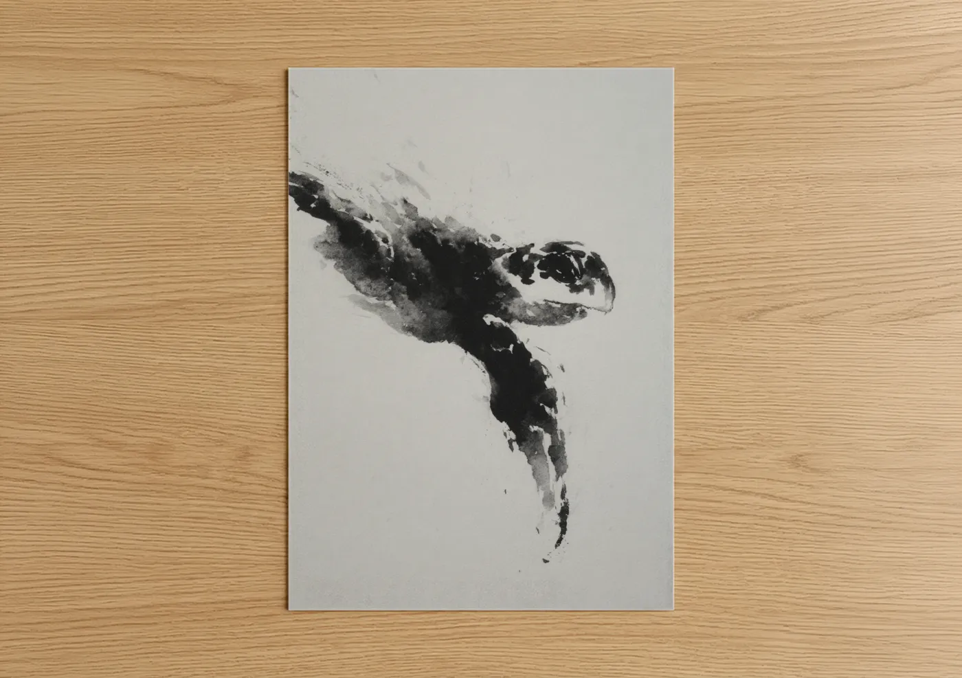 Art print on warm oak wood — black and white and gray palette — Ascending Turtle poster