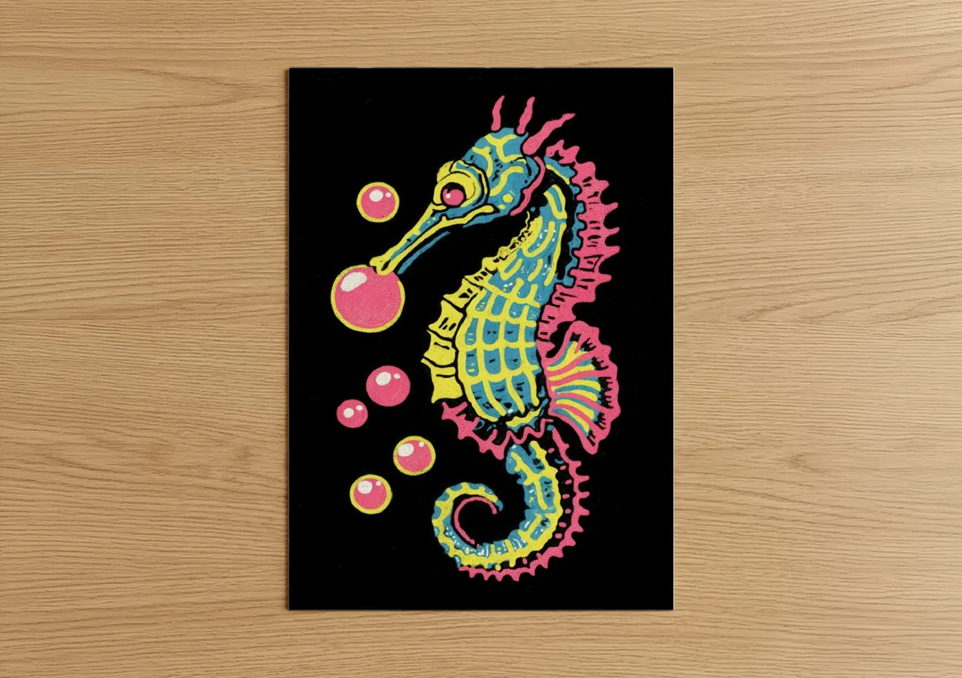 Sea horse art print on warm oak wood — magenta and yellow gold palette — Neon Seahorse poster