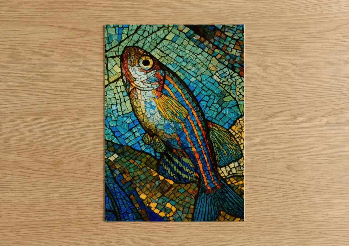 Art print on warm oak wood — blue and gold palette — Mosaic Zebrafish poster