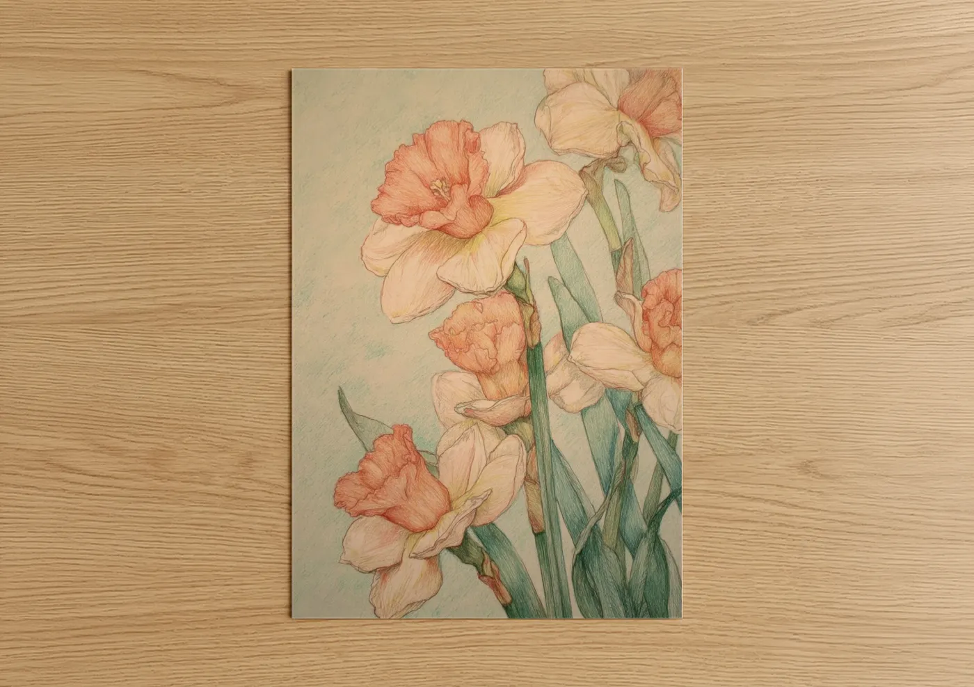 Peachy Daffodils Botanical Illustration Wall Art