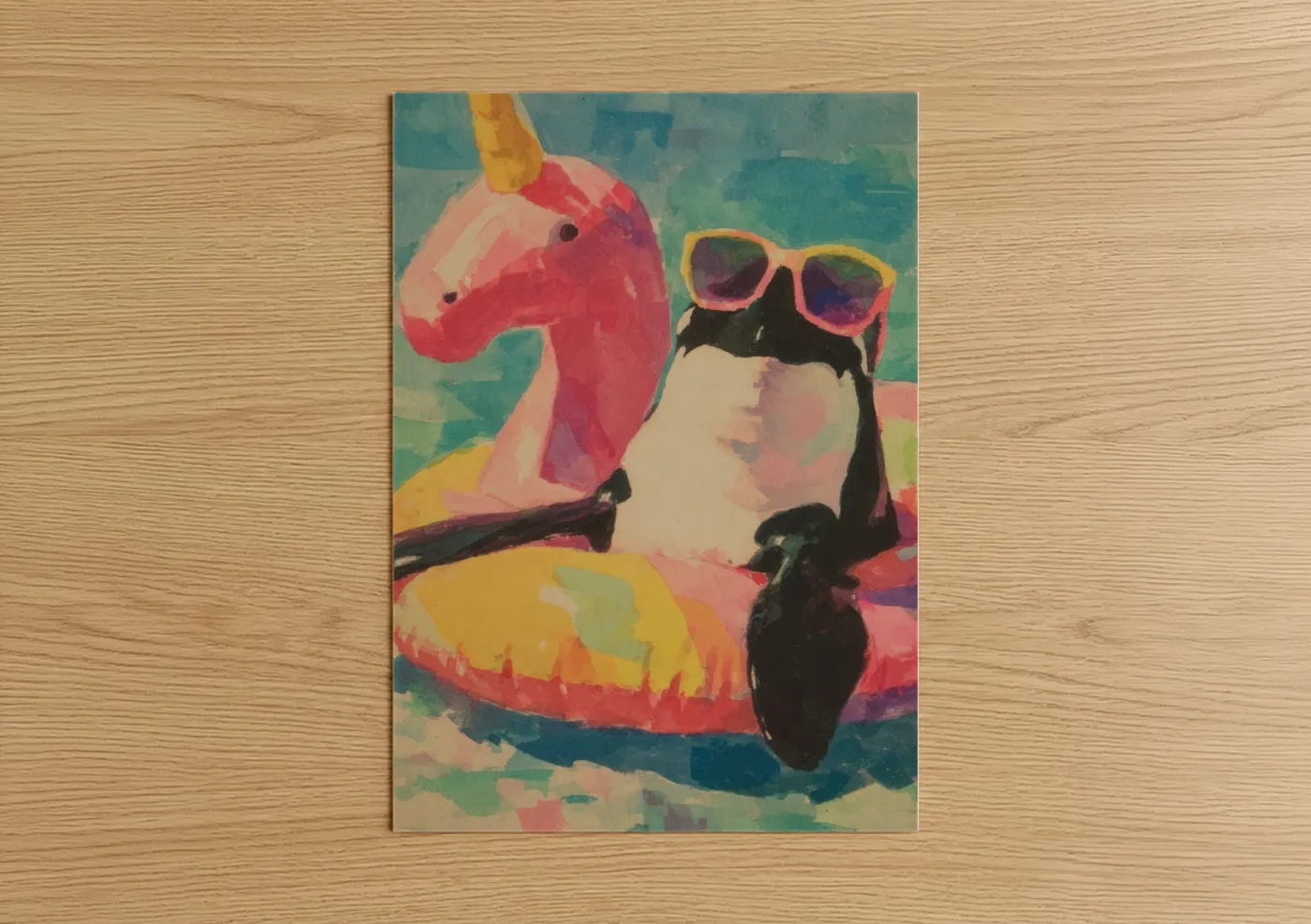 Orca whale art print on warm oak wood — pink and teal palette — Party Orca poster