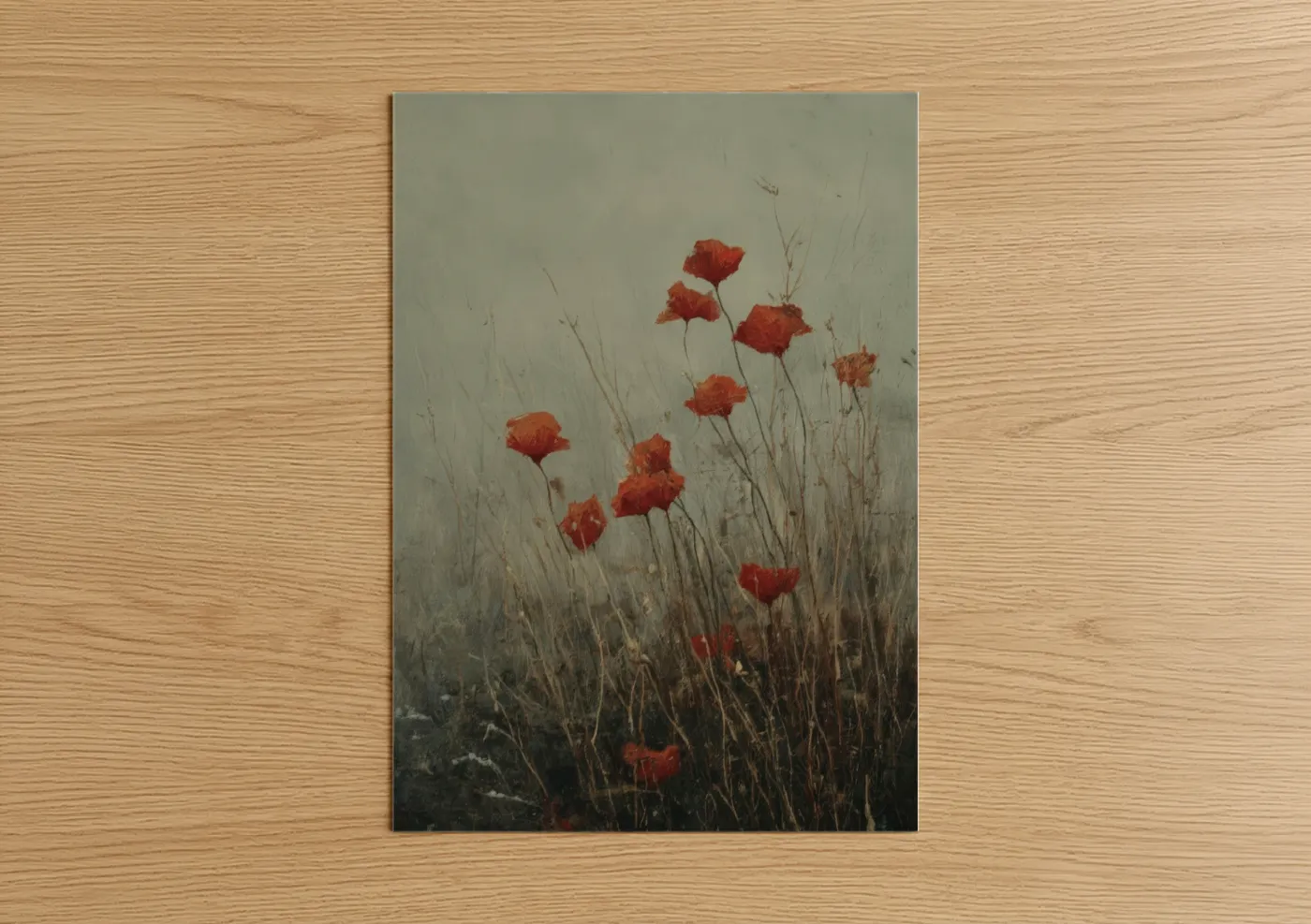 Art print on warm oak wood — red and gray palette — Misty Poppies poster