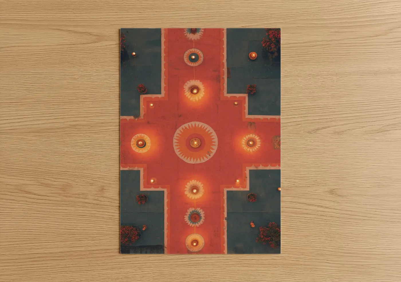 Hindu holidays art print on warm oak wood — red and gold palette — Diwali Mandala Cross poster
