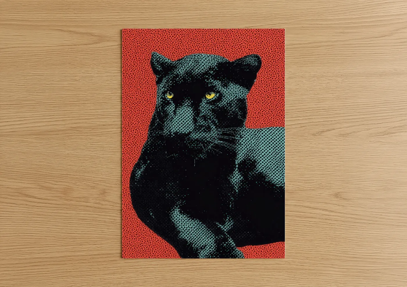 Art print on warm oak wood — black and red palette — Golden-Eyed Panther poster