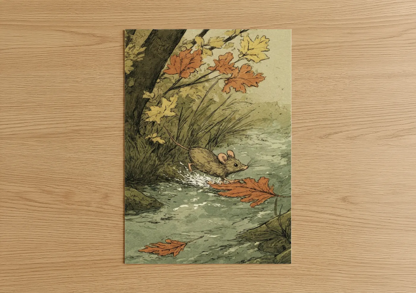 Mice art print on warm oak wood — russet and olive palette — Autumn Stream Mouse poster