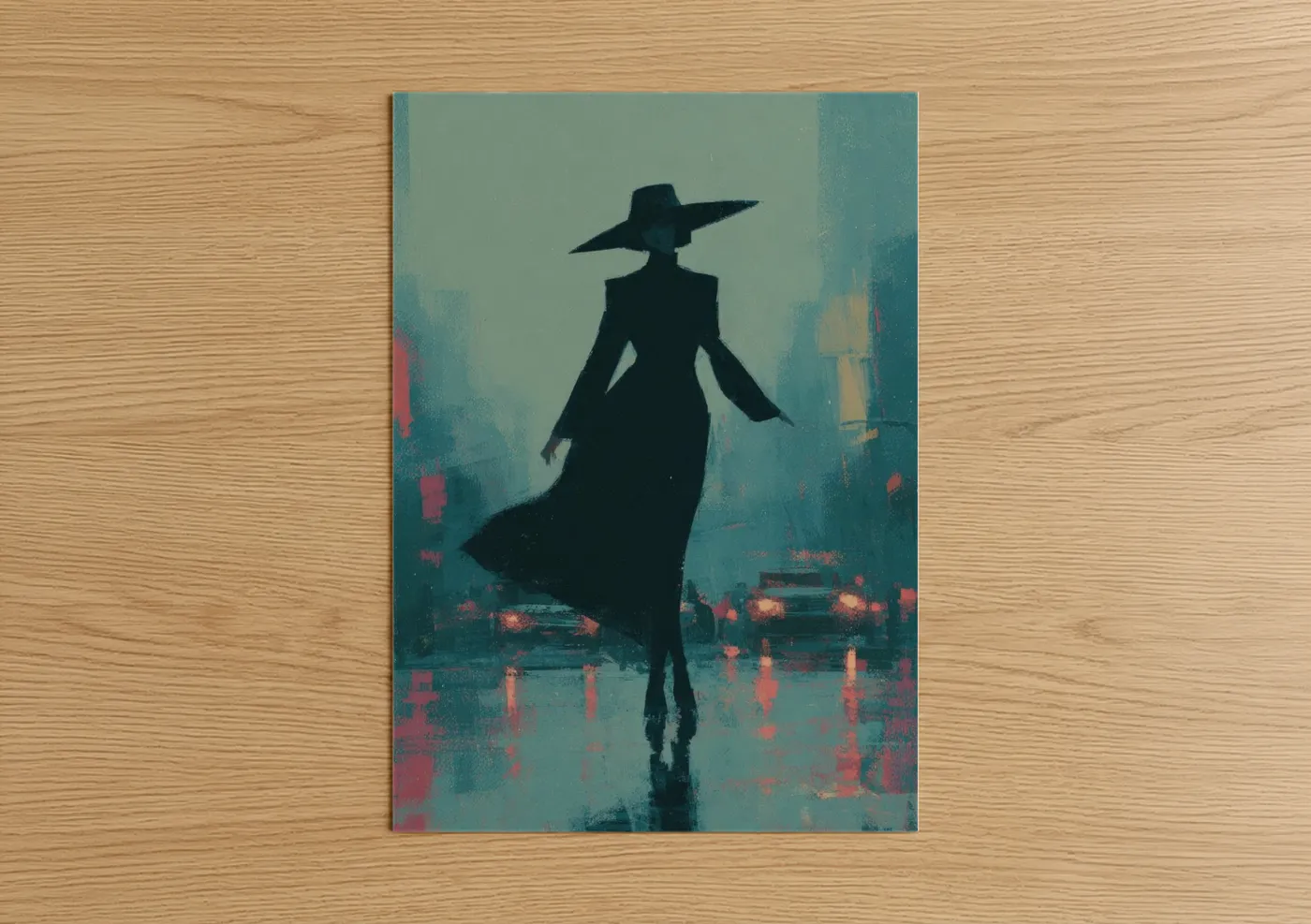 Magic and witchcraft art print on warm oak wood — teal and magenta palette — Rainy Sorceress poster