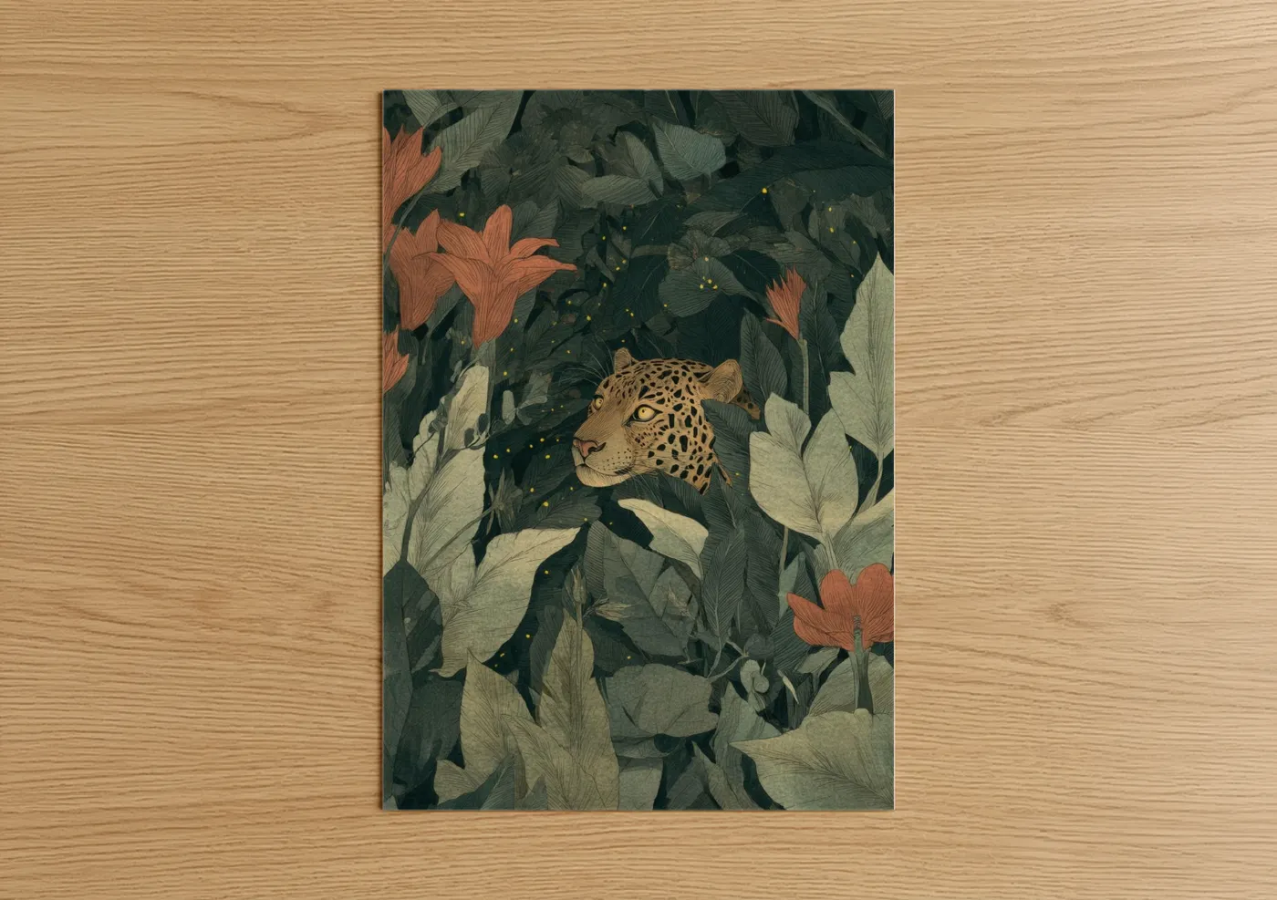 Art print on warm oak wood — dark green and salmon pink palette — Leopard Fireflies poster