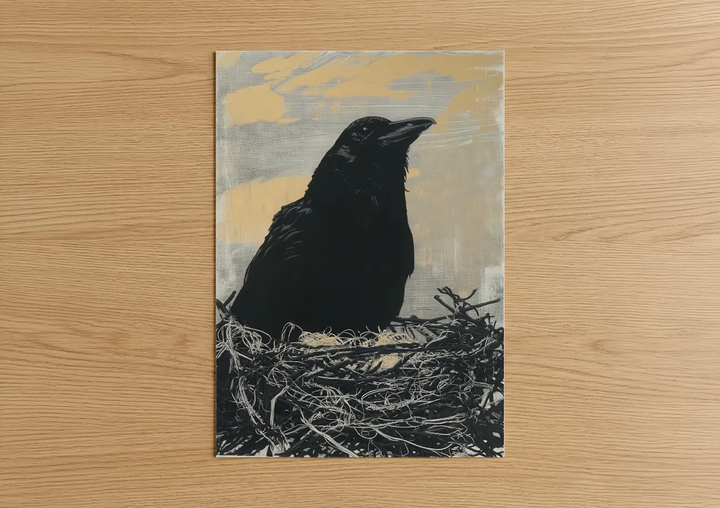 Black Raven on Nest Minimalist Wall Art