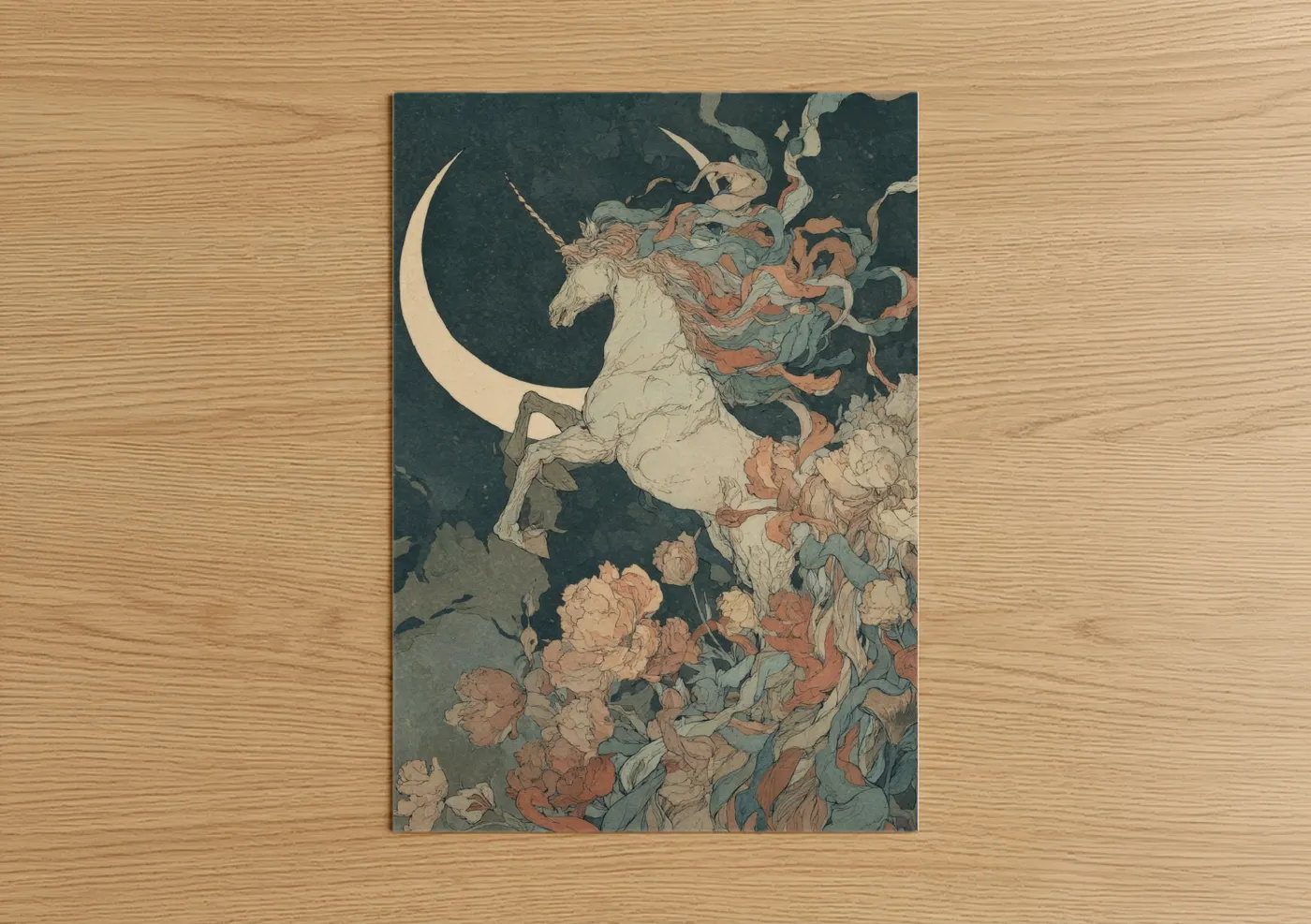 Unicorns art print on warm oak wood — teal and cream palette — Moonlit Unicorn poster