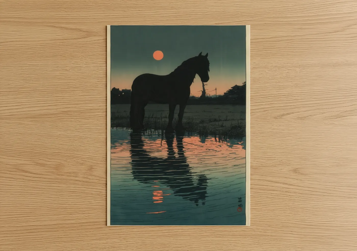Friesian horse art print on warm oak wood — teal and peach palette — Riverside Friesian poster