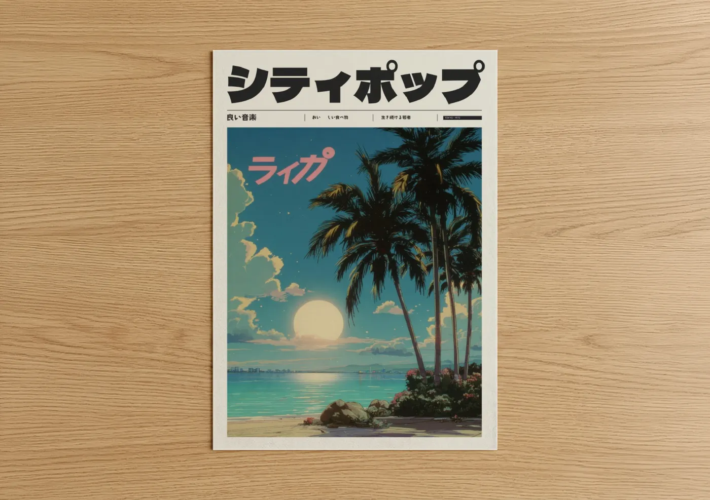 Anime and manga art print on warm oak wood — blue and gold palette — Tropical Sunset Life poster
