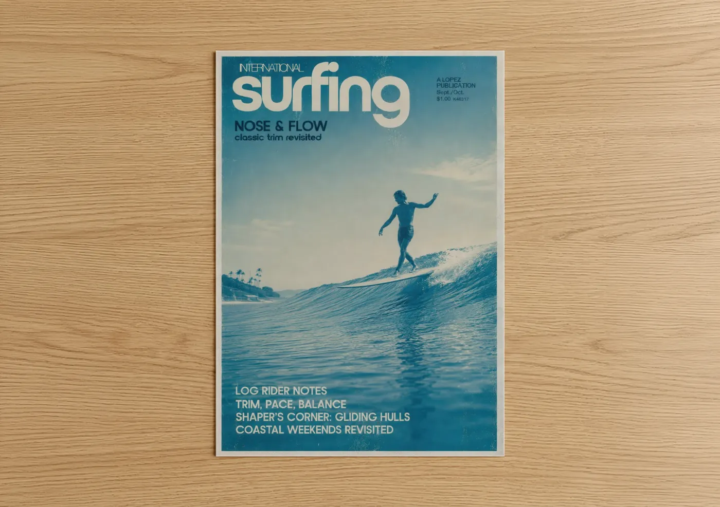 Water surfing art print on warm oak wood — blue and cream palette — Vintage Surfing Magazine Cover Wall Art poster