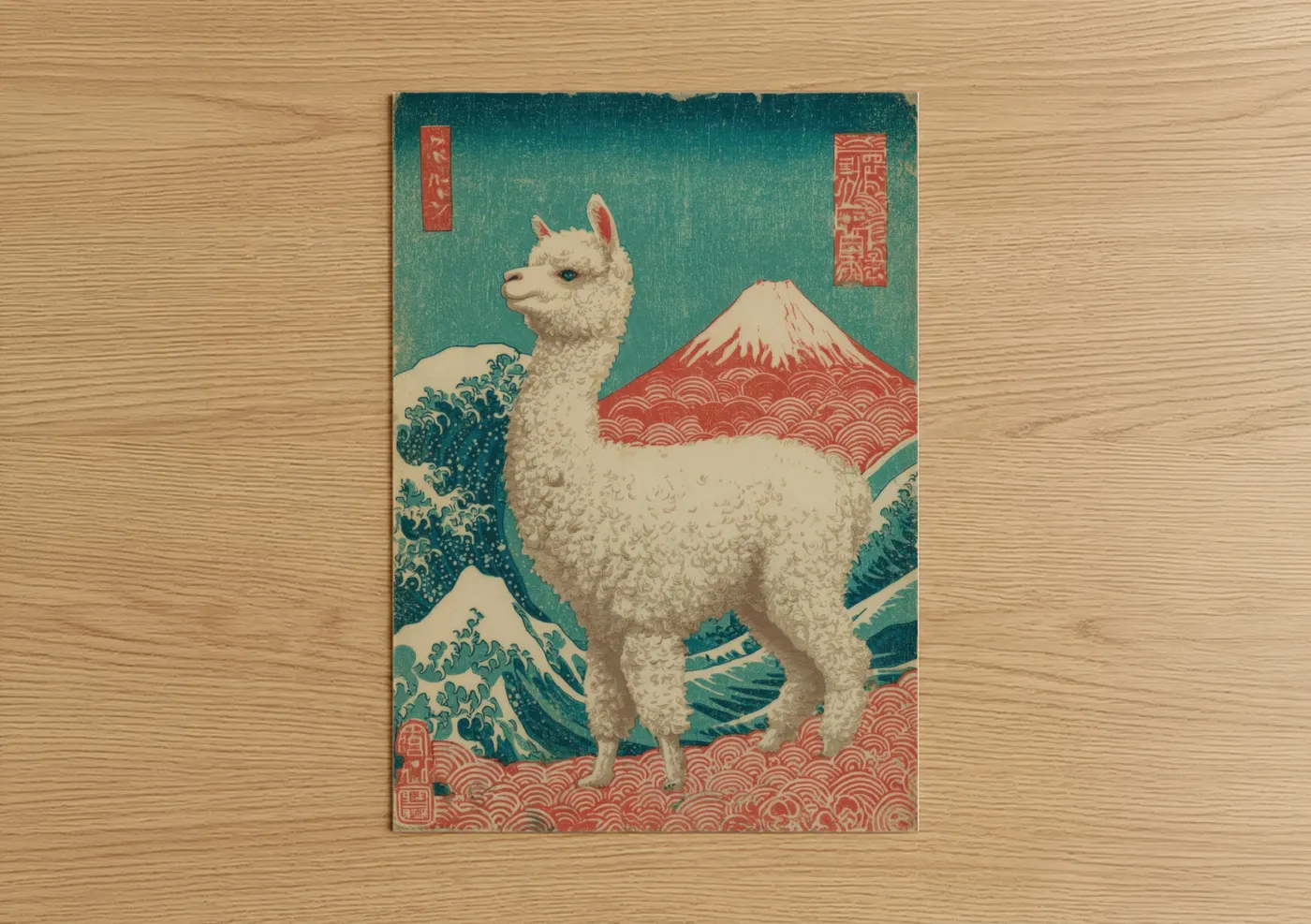 White Alpaca Mountain Japanese Woodblock Wall Art