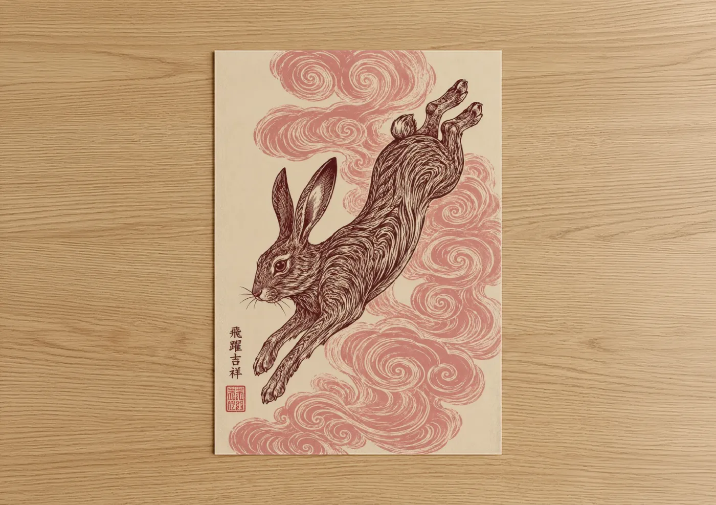 Art print on warm oak wood — beige and maroon palette — Japanese Rabbit Woodblock Style Wall Art poster