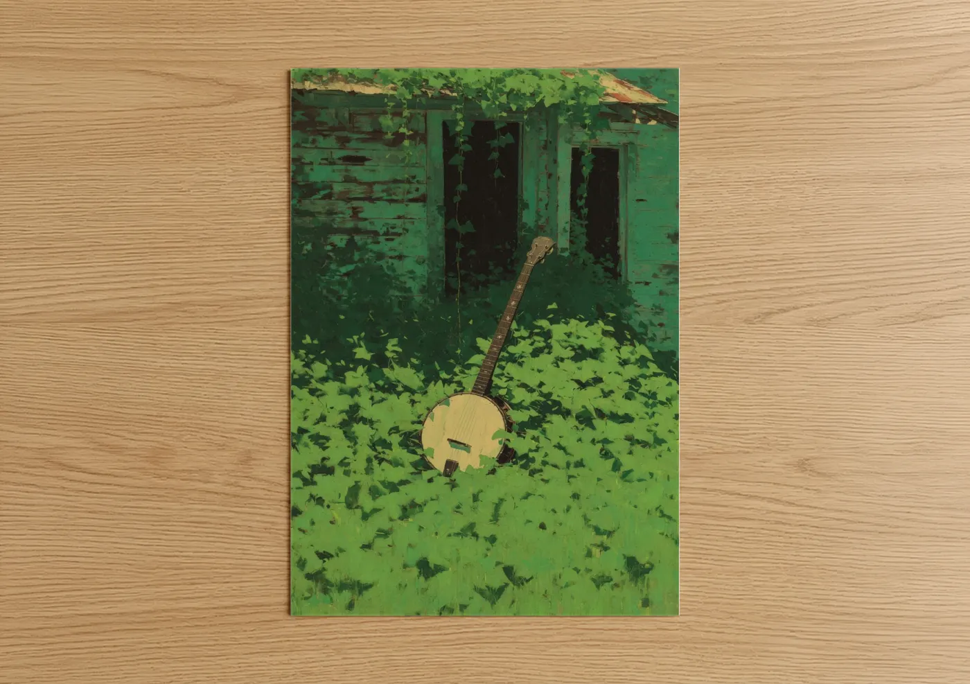 Art print on warm oak wood — green and cream palette — Abandoned Banjo poster