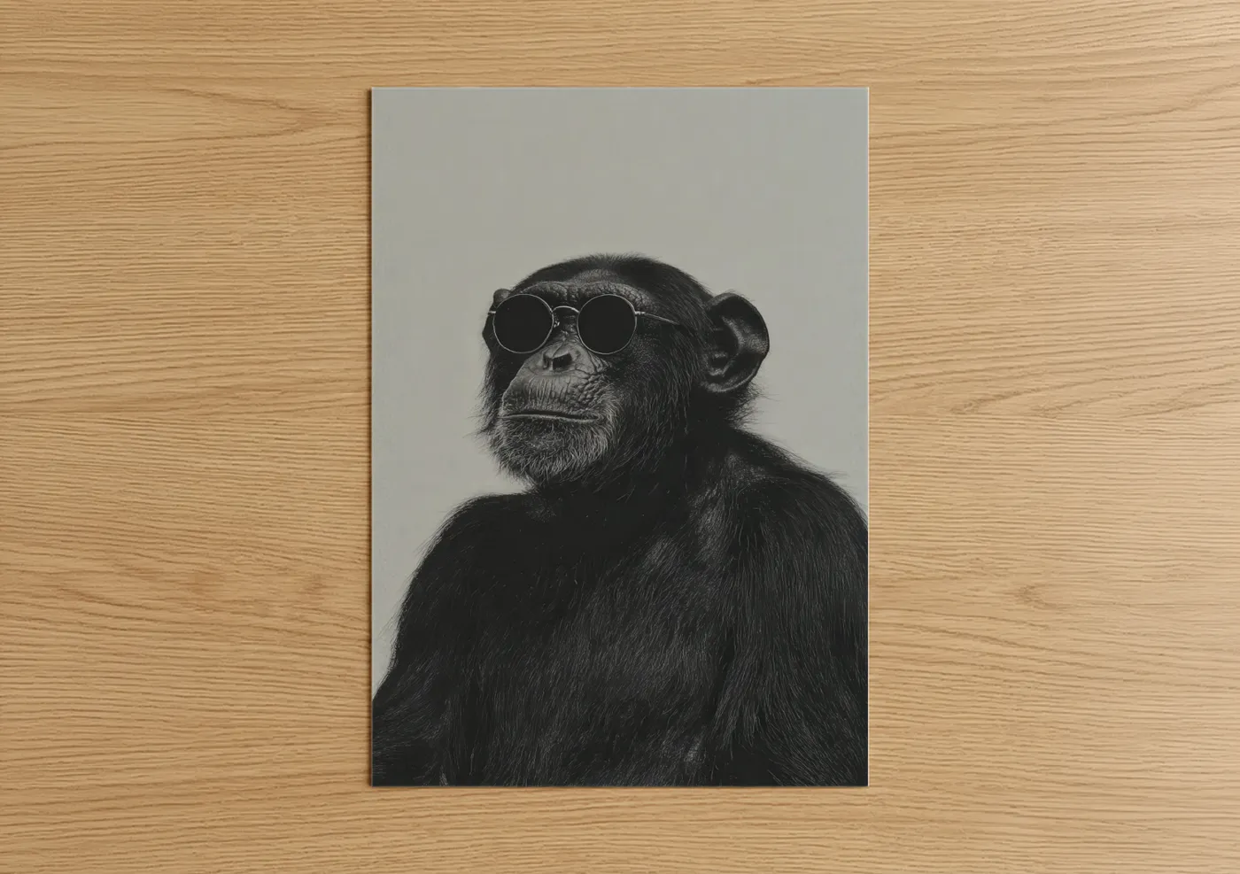 Art print on warm oak wood — black and white palette — Cool Chimpanzee poster