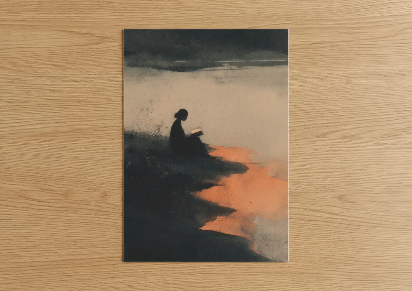 Reading art print on warm oak wood — black and orange palette — Lakeside Reader poster
