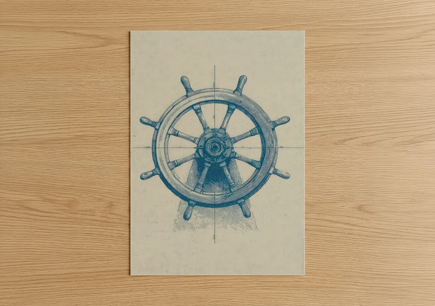Vintage Shipwheel Blueprint Nautical Wall Art
