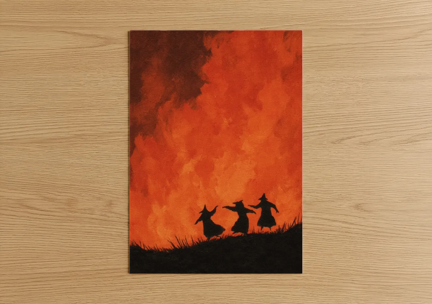 Magic and witchcraft art print on warm oak wood — red and orange palette — Witches' Ritual Fire poster