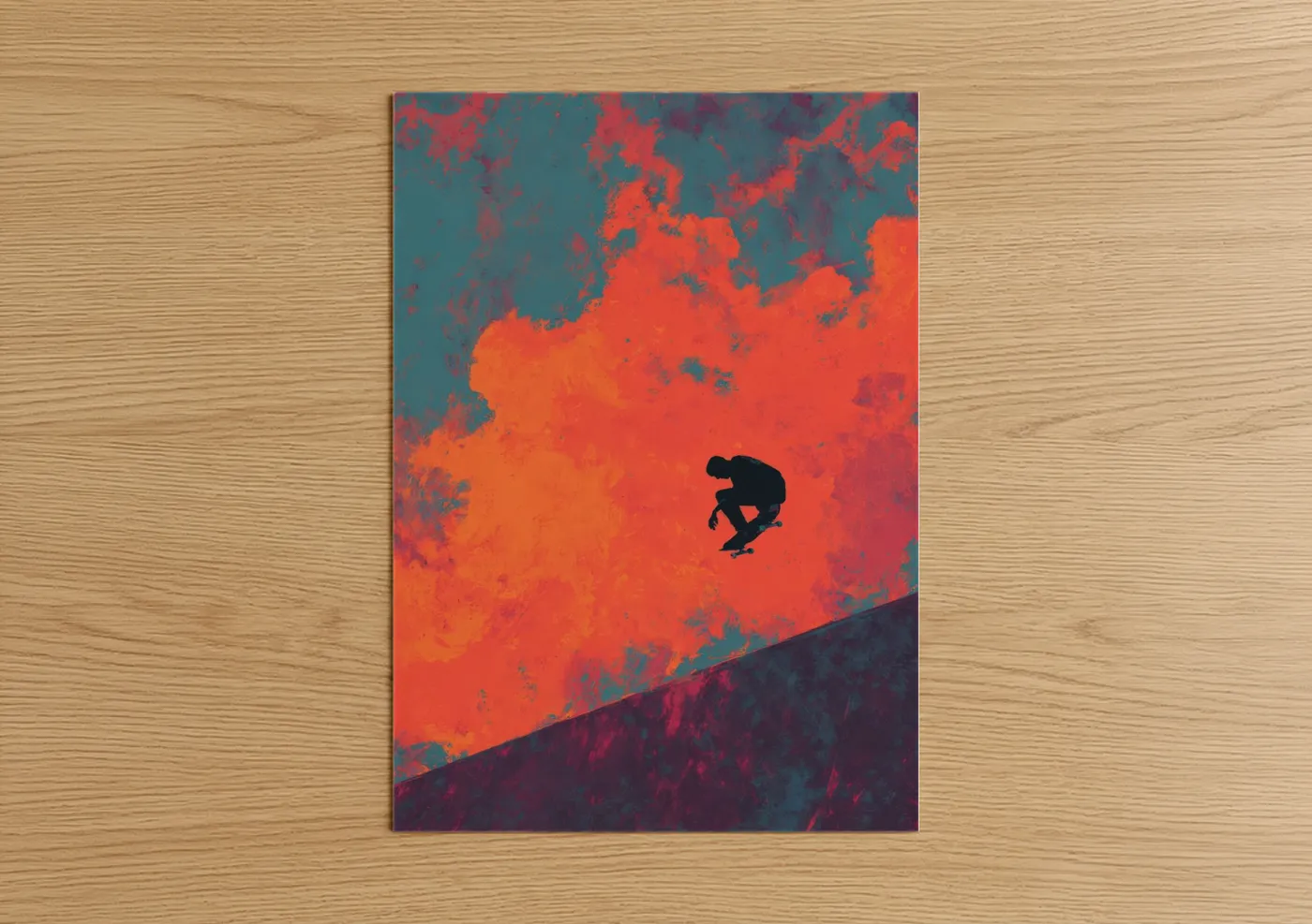 Skateboarding art print on warm oak wood — red and teal palette — Inferno Skateboarder poster