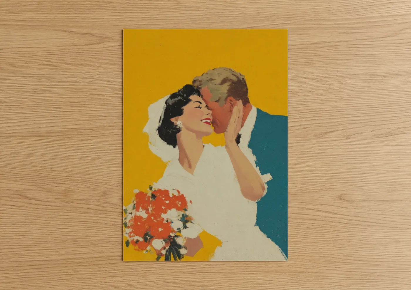 Groom and bride art print on warm oak wood — yellow gold and red palette — Retro Romance Kiss poster