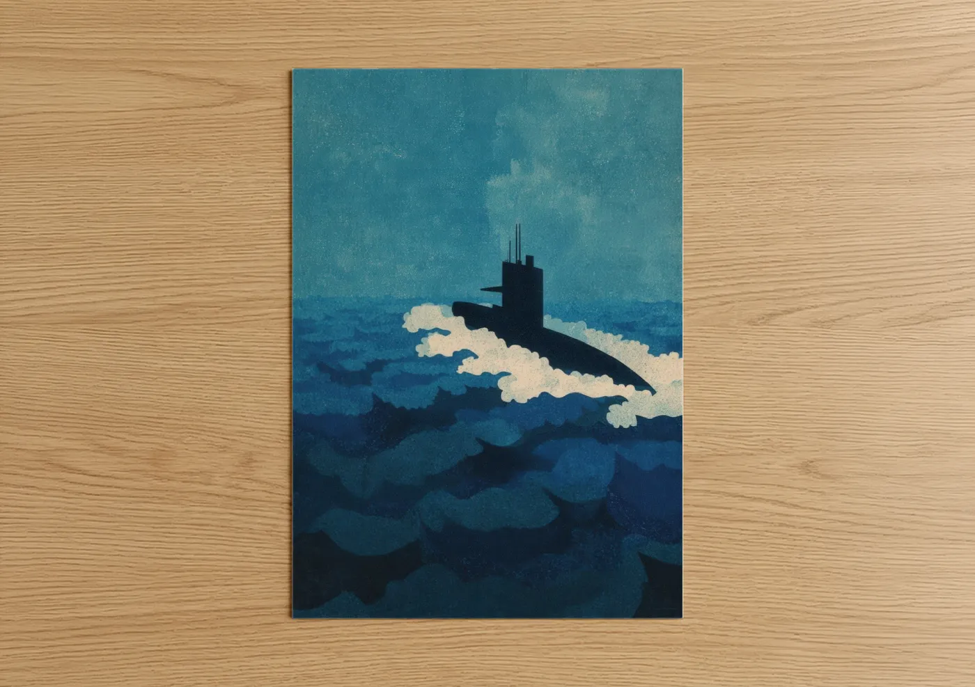 Art print on warm oak wood — teal and white palette — Deep Submarine poster