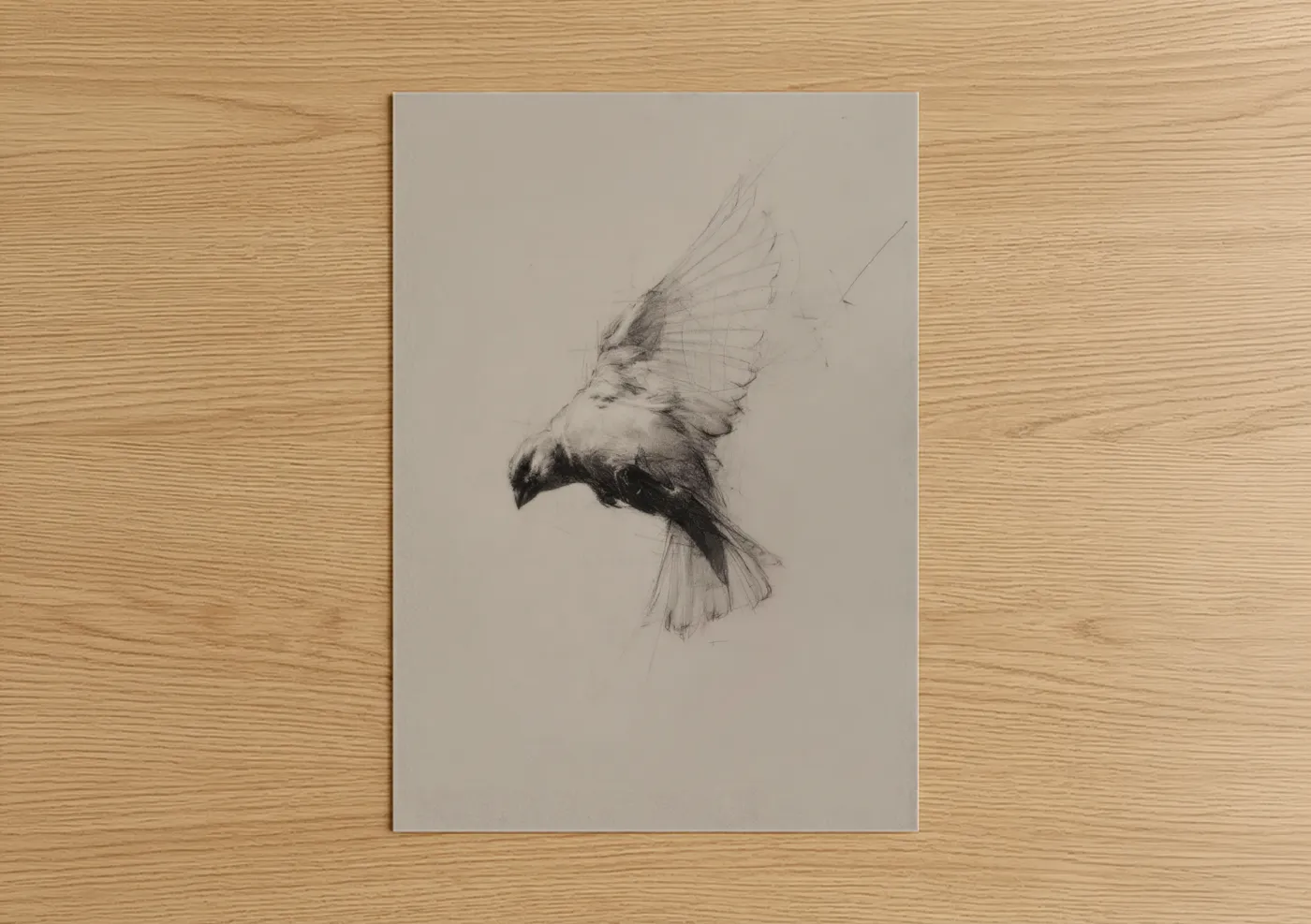 Canaries art print on warm oak wood — black and white palette — Soaring Canary poster