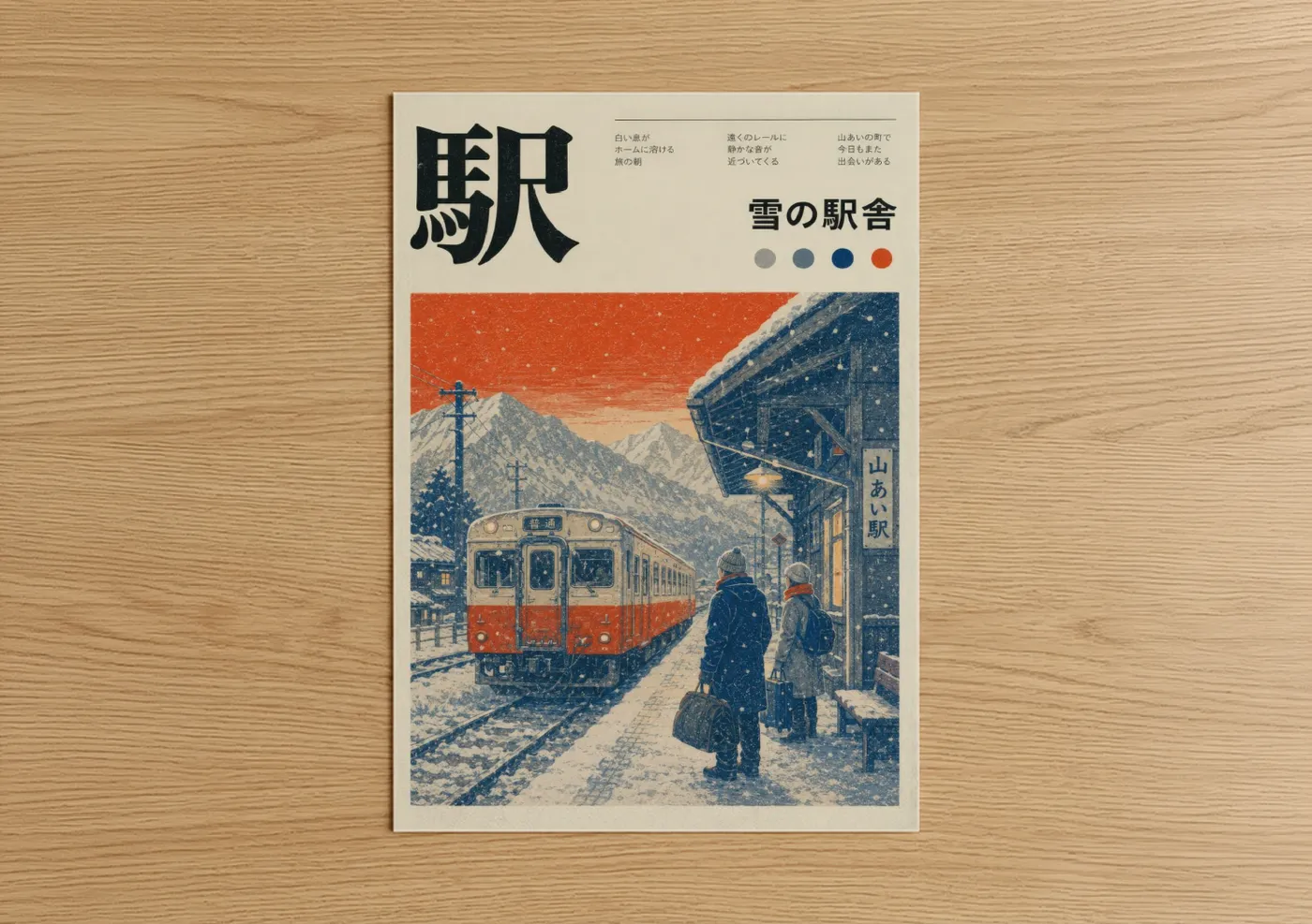 Art print on warm oak wood — blue and orange palette — Snowy Mountain Train Station Wall Art poster