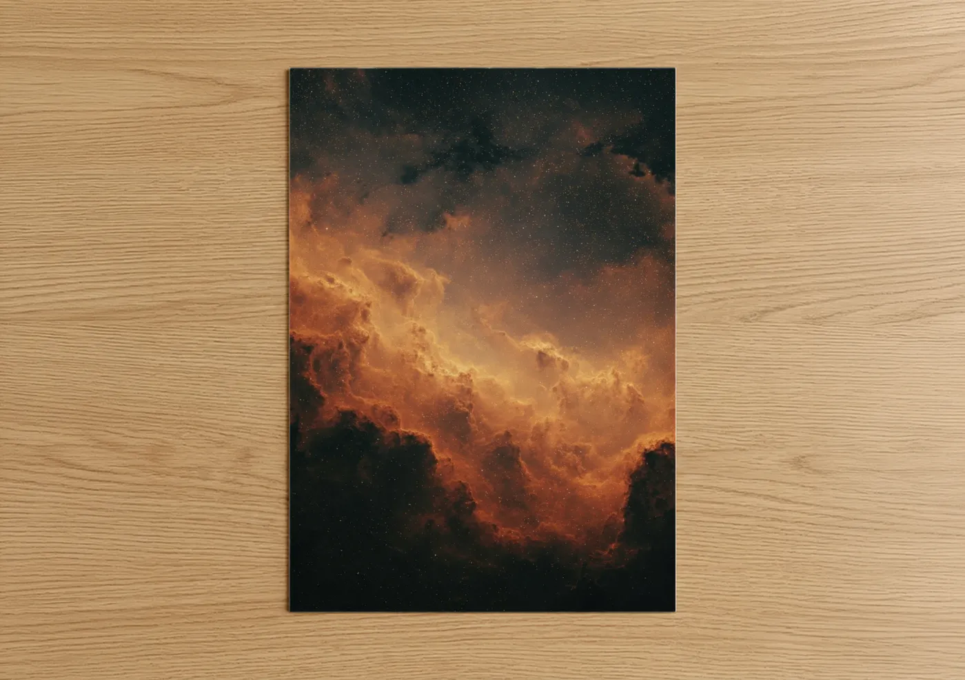 Art print on warm oak wood — gold and black palette — Cosmic Inferno Nebula poster