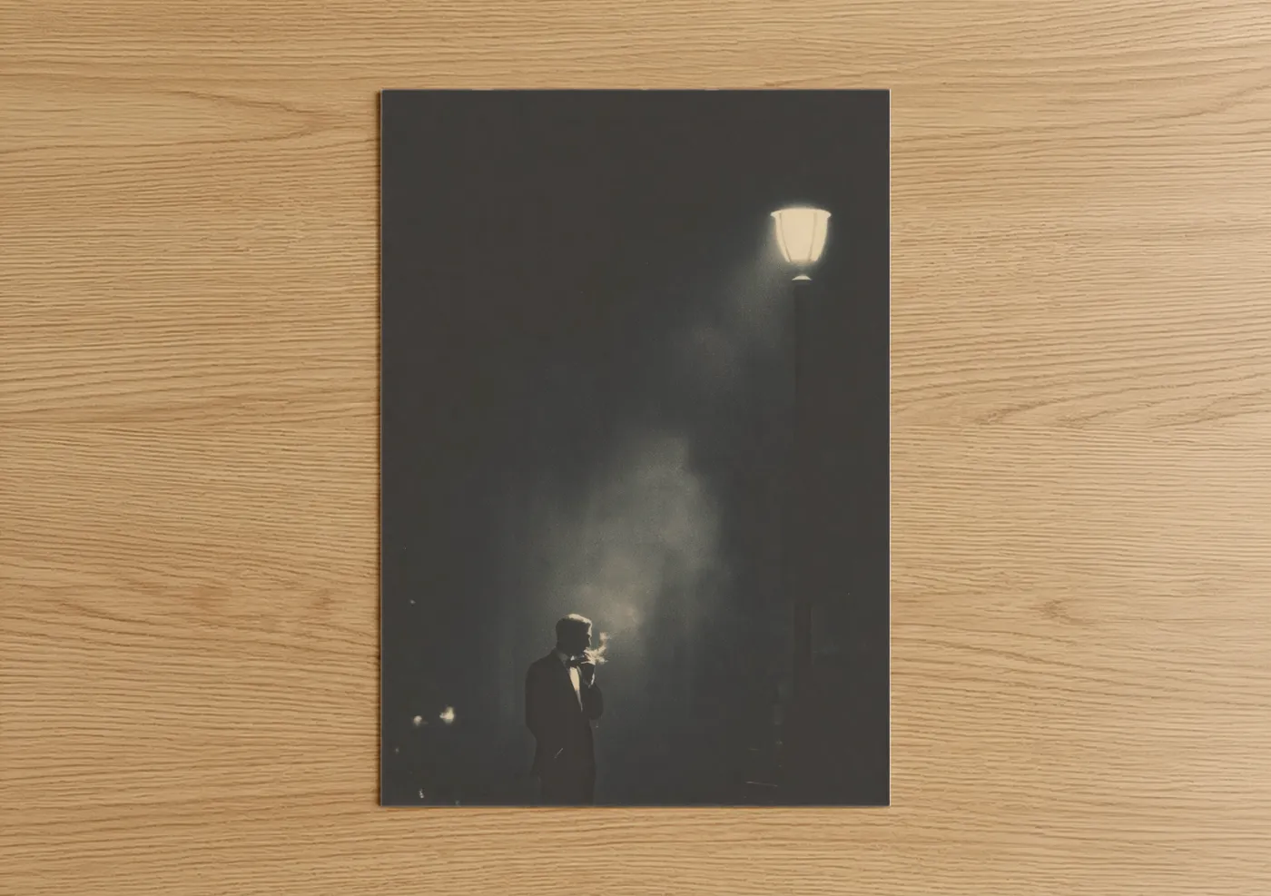 Smoke art print on warm oak wood — black and white and dove gray palette — Noir Solitude poster