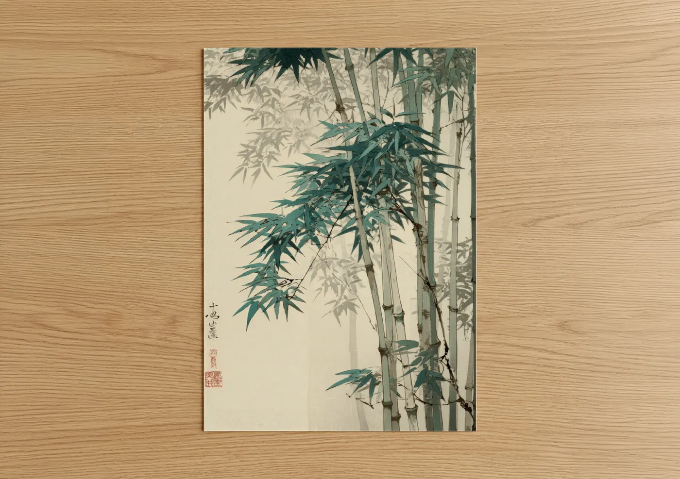 Art print on warm oak wood — teal and gray palette — Misty Bamboo Grove poster