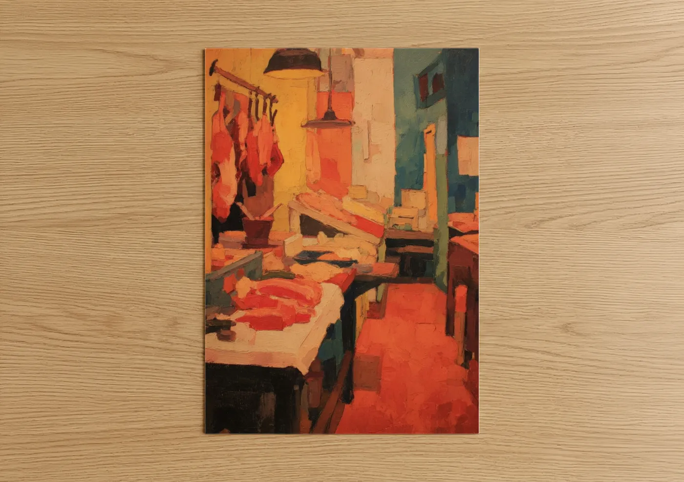 Meat art print on warm oak wood — orange and red palette — Butcher's Workshop poster