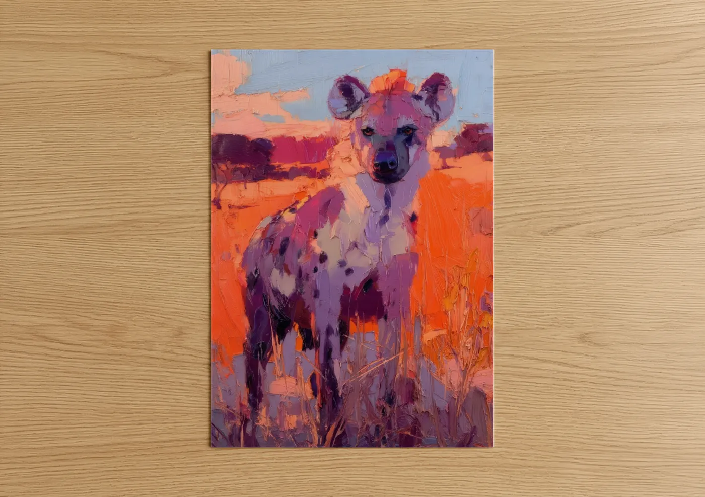 Art print on warm oak wood — orange and magenta palette — Sunset Hyena poster