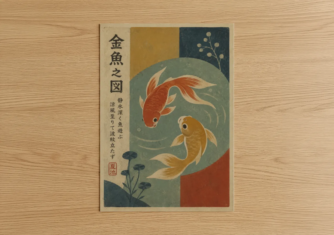 Art print on warm oak wood — gold and teal palette — Japanese Koi Fish Vintage Wall Art poster