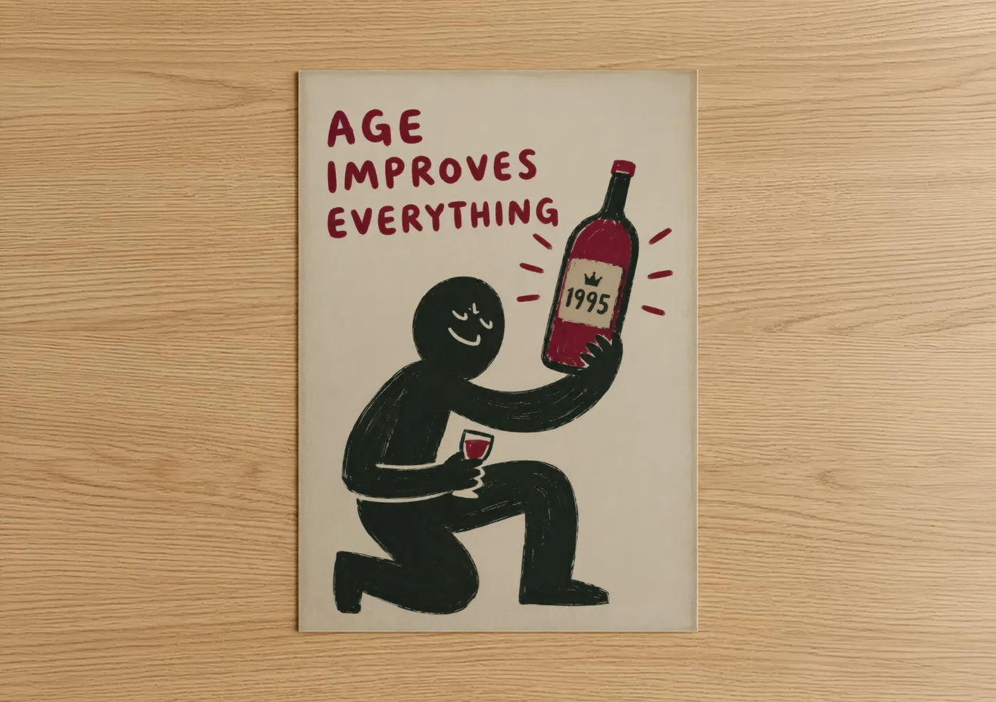 Red wine art print on warm oak wood — red and black and white palette — Vintage Wine Humor Wall Art poster
