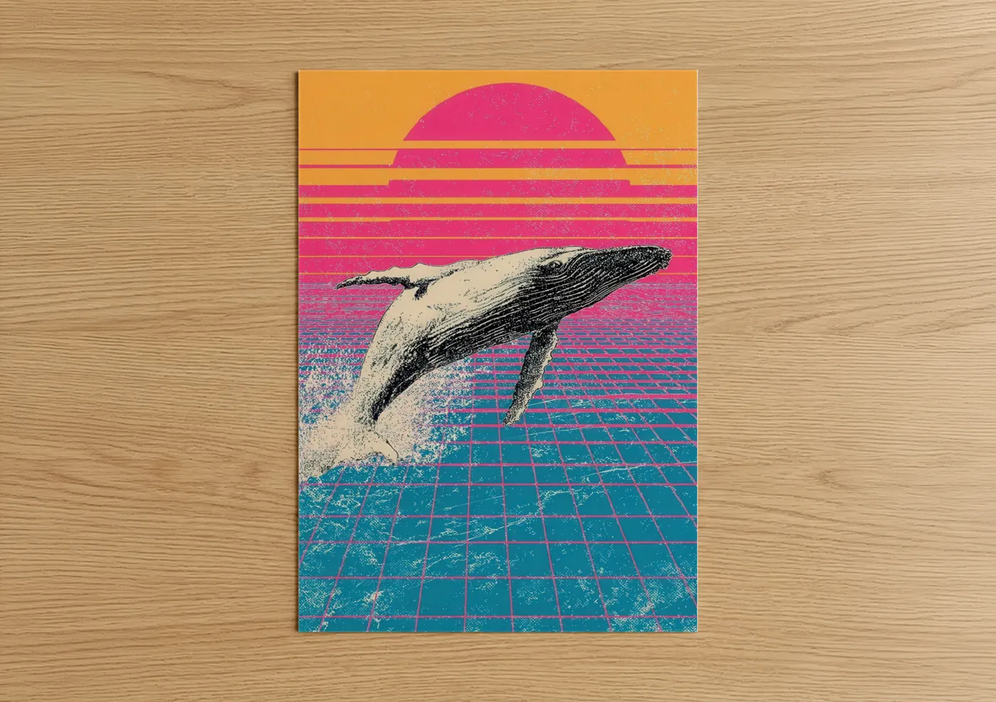 Blue whale art print on warm oak wood — magenta and teal palette — Neon Whale Leap poster