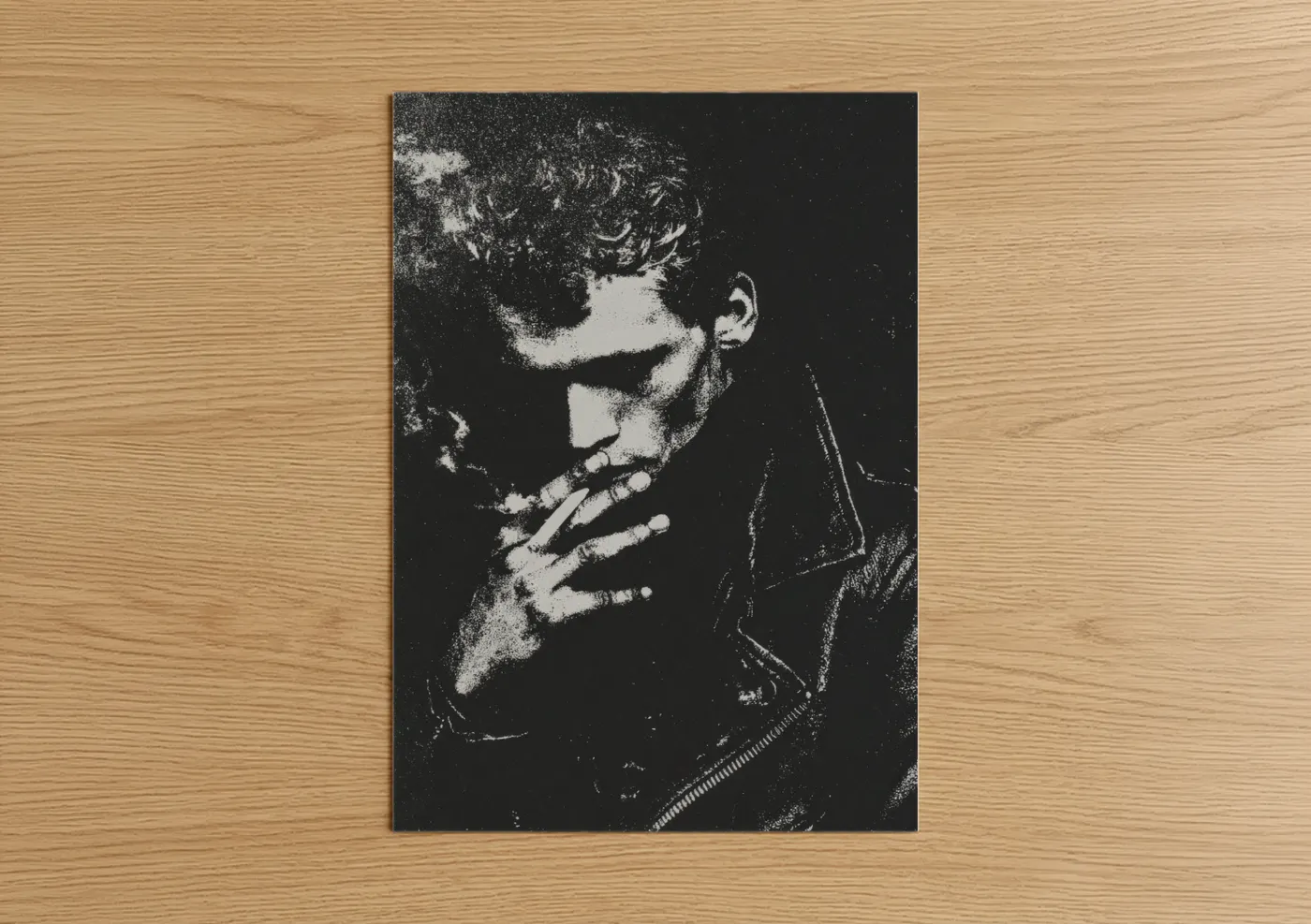 Art print on warm oak wood — black and white palette — Moody Smoker poster