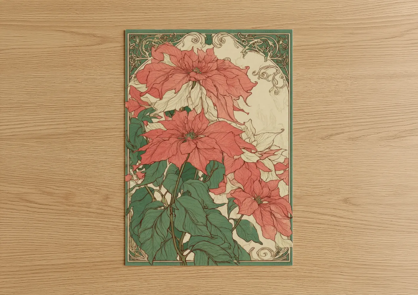 Art print on warm oak wood — red and true green palette — Crimson Poinsettias poster