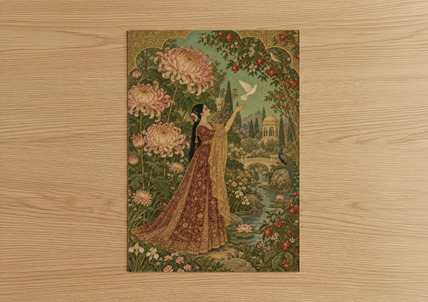 Chrysanthemum art print on warm oak wood — gold and maroon palette — Persian Garden Woman Peacock Dove Wall Art poster