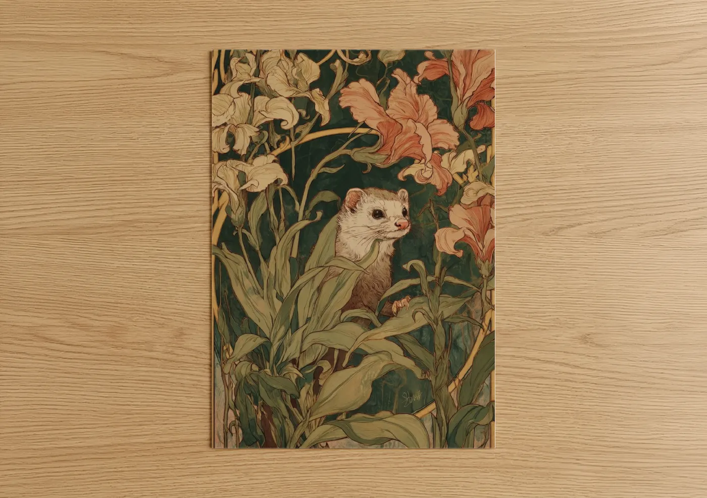Woodland Weasel Art Deco Floral Wall Art