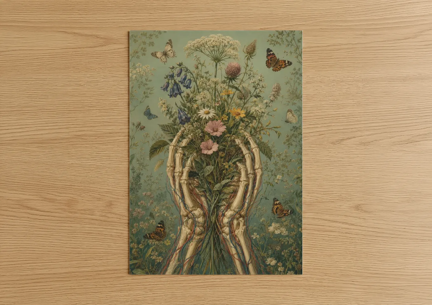 Art print on warm oak wood — sage green and beige palette — Botanical Skeleton Hands Butterfly Wall Art poster