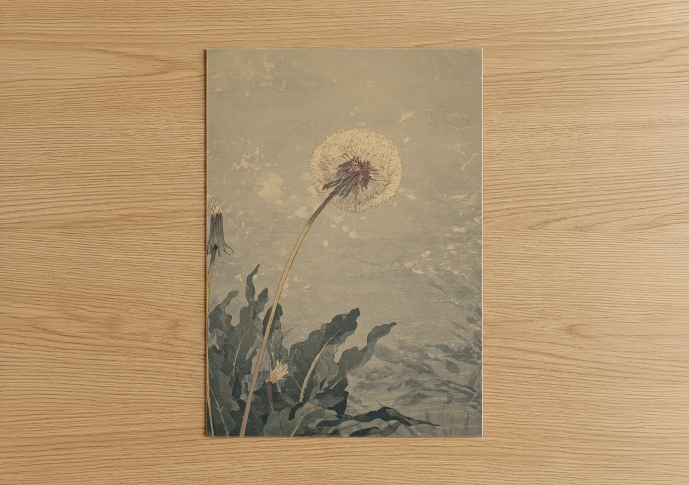 Art print on warm oak wood — beige and dark green palette — Ethereal Dandelion poster
