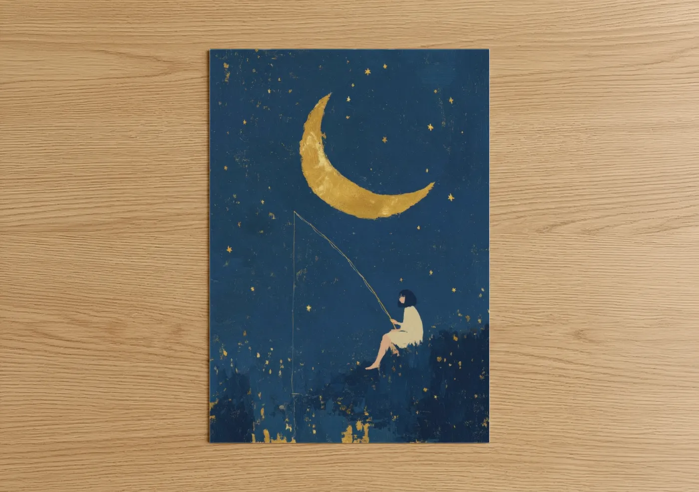 Art for girl art print on warm oak wood — dark blue and yellow gold palette — Moon Dreamer Girl poster