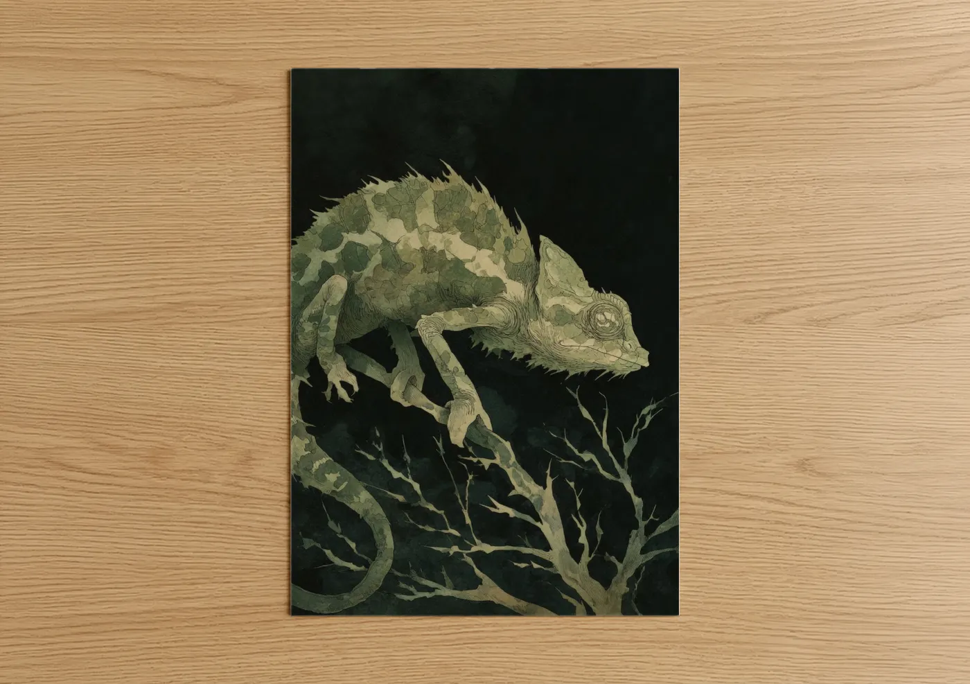 Art print on warm oak wood — sage green and cream palette — Emerald Chameleon poster